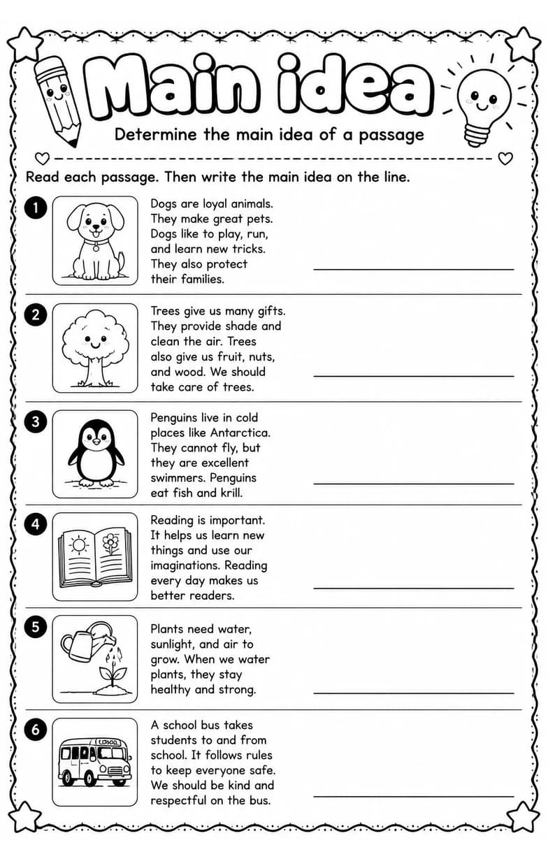 Determine the main idea of a passage — free printable Grade 3 English & Reading worksheet