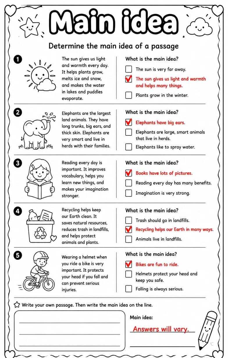 Answer key for Determine the main idea of a passage — free printable English & Reading worksheet
