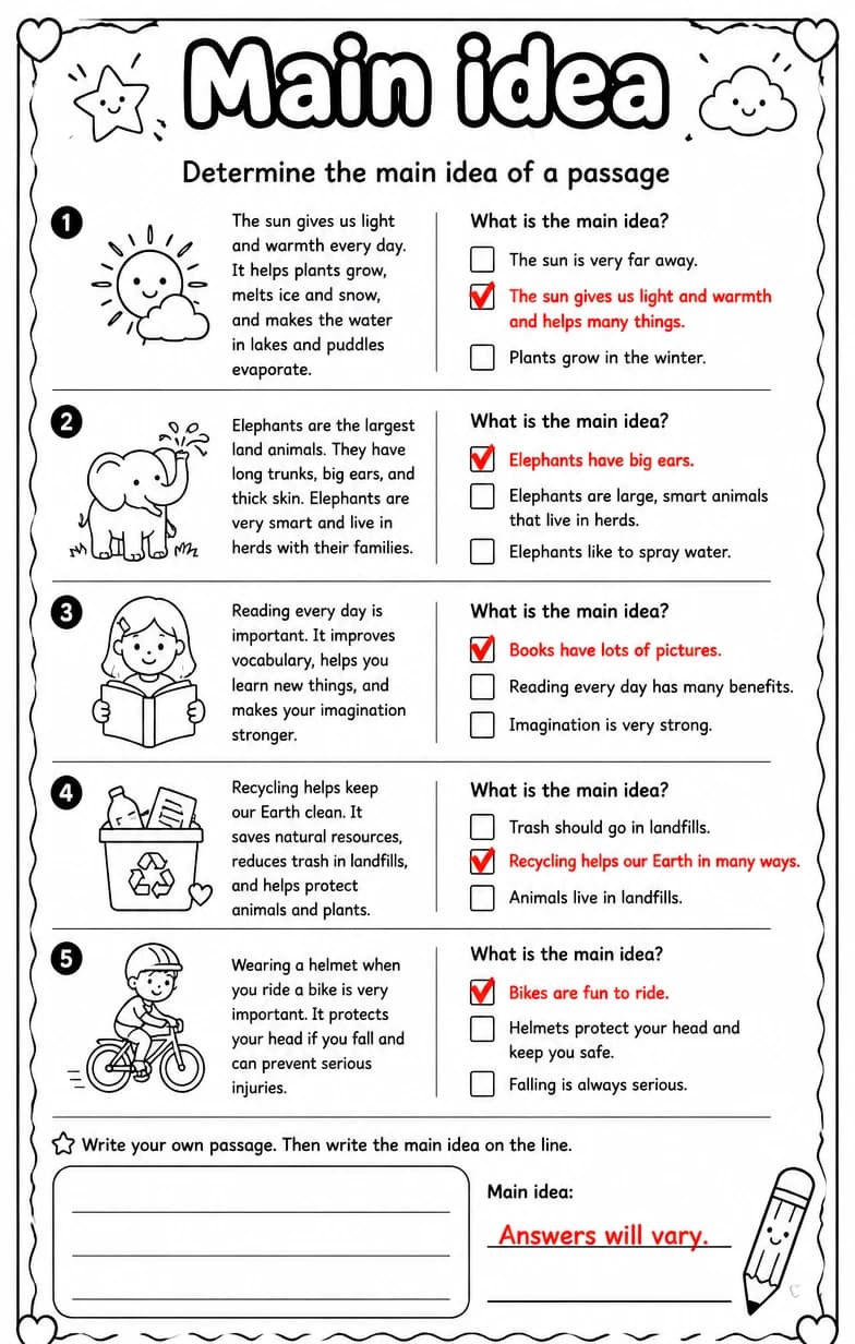Answer key for Determine the main idea of a passage — free printable English & Reading worksheet