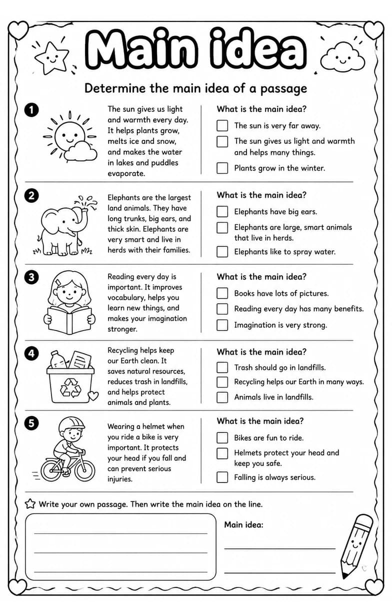 Determine the main idea of a passage — free printable Reading strategies English worksheet
