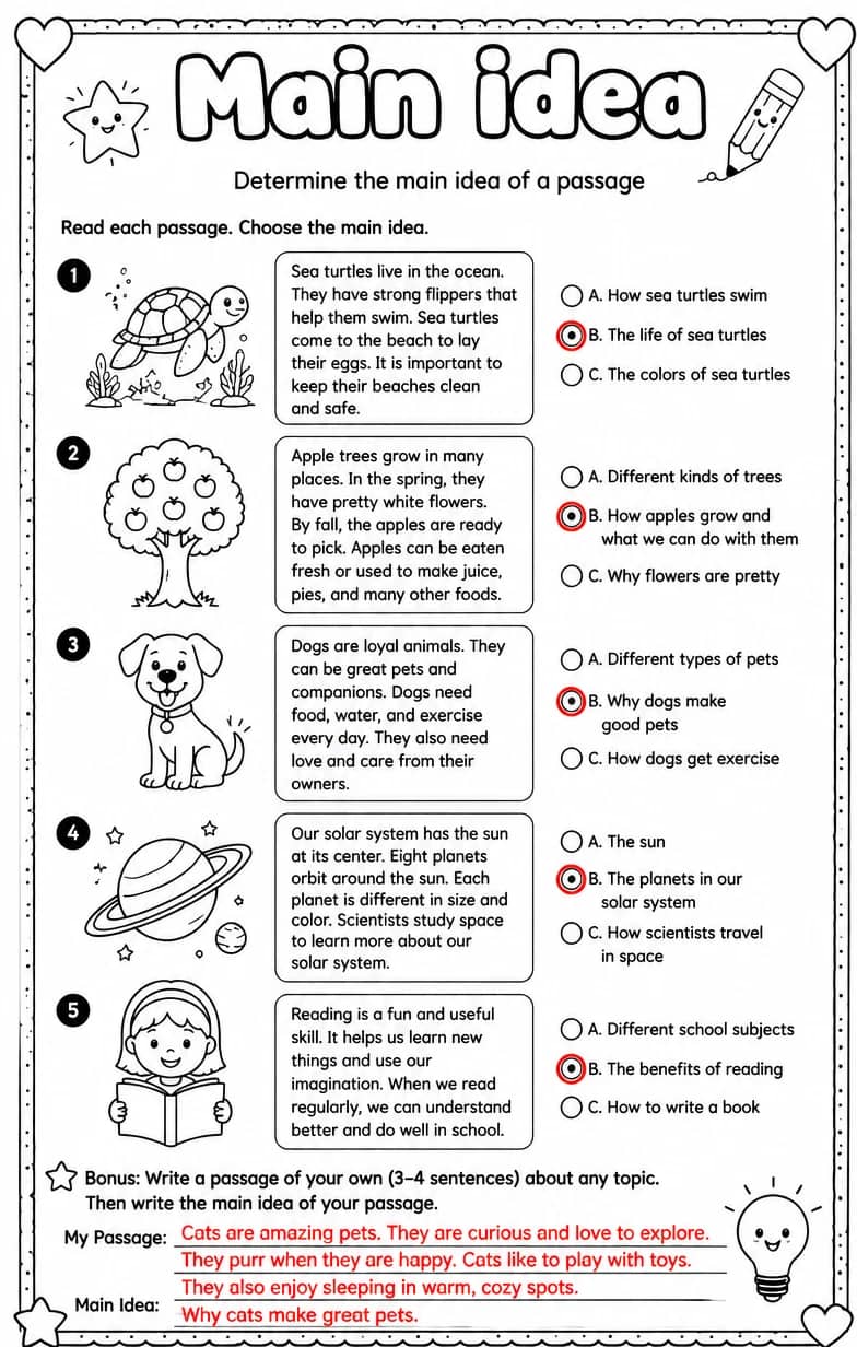 Answer key for Determine the main idea of a passage — free printable English & Reading worksheet