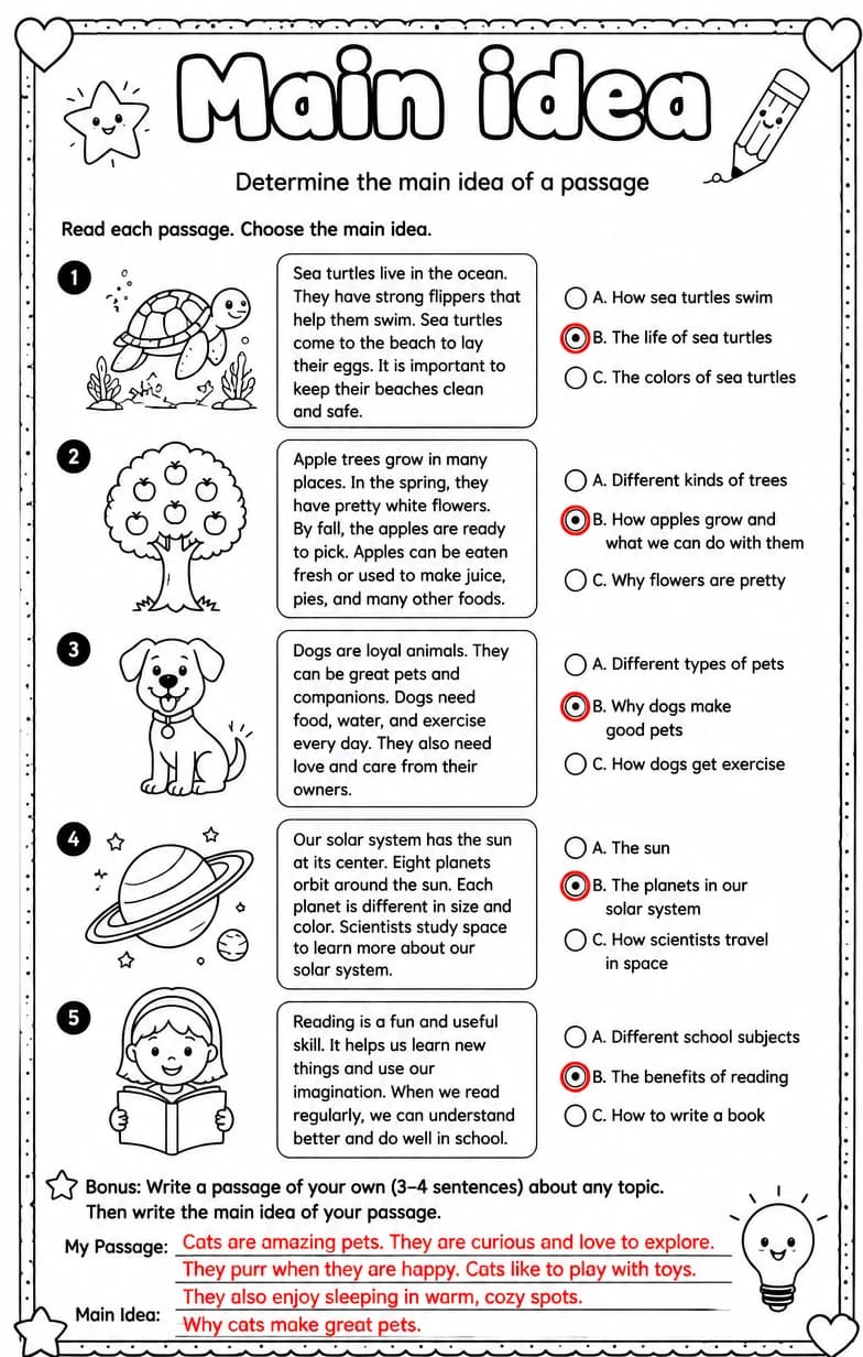 Answer key for Determine the main idea of a passage — free printable English & Reading worksheet