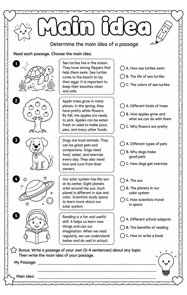 Determine the main idea of a passage — free printable Grade 5 English & Reading worksheet