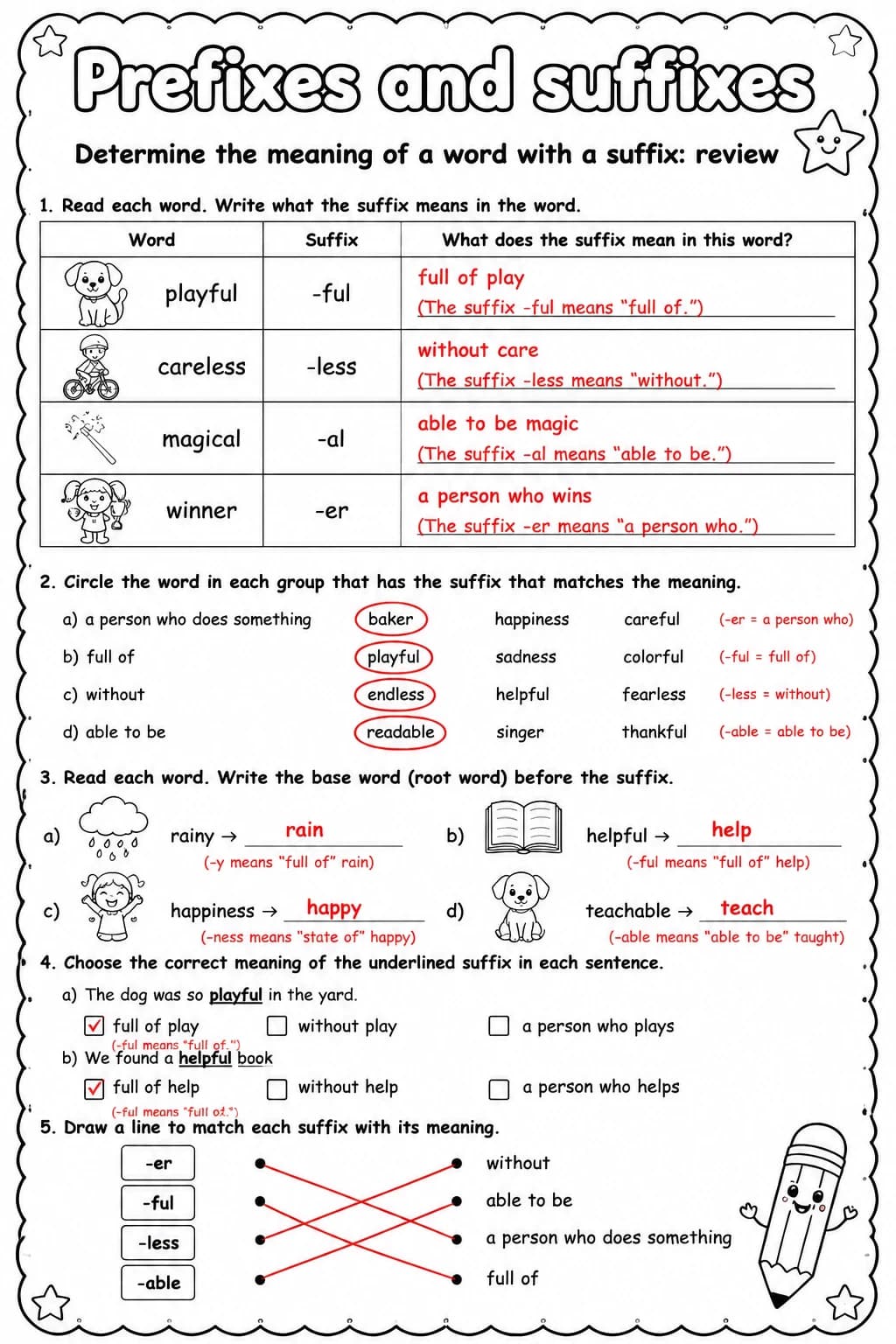 Answer key for Determine the meaning of a word with a suffix: review — free printable English & Reading worksheet