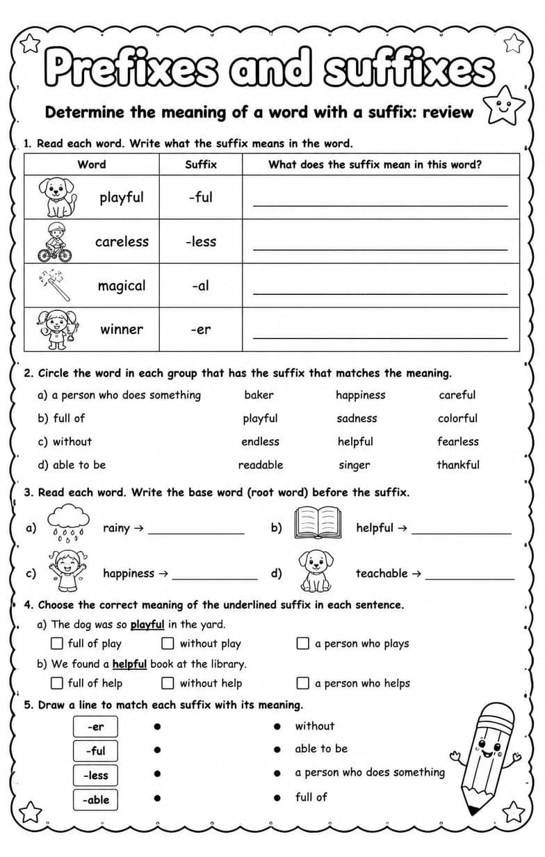 Determine the meaning of a word with a suffix: review — free printable Grade 3 English & Reading worksheet