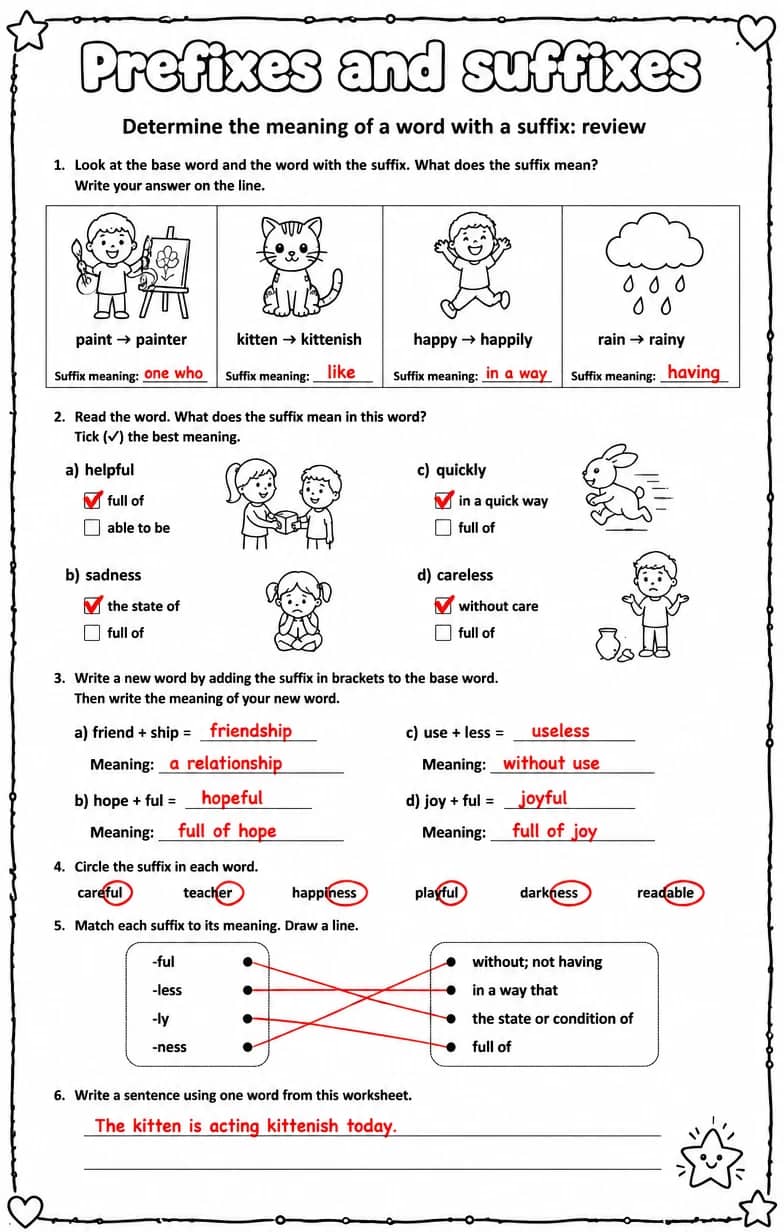 Answer key for Determine the meaning of a word with a suffix: review — free printable English & Reading worksheet