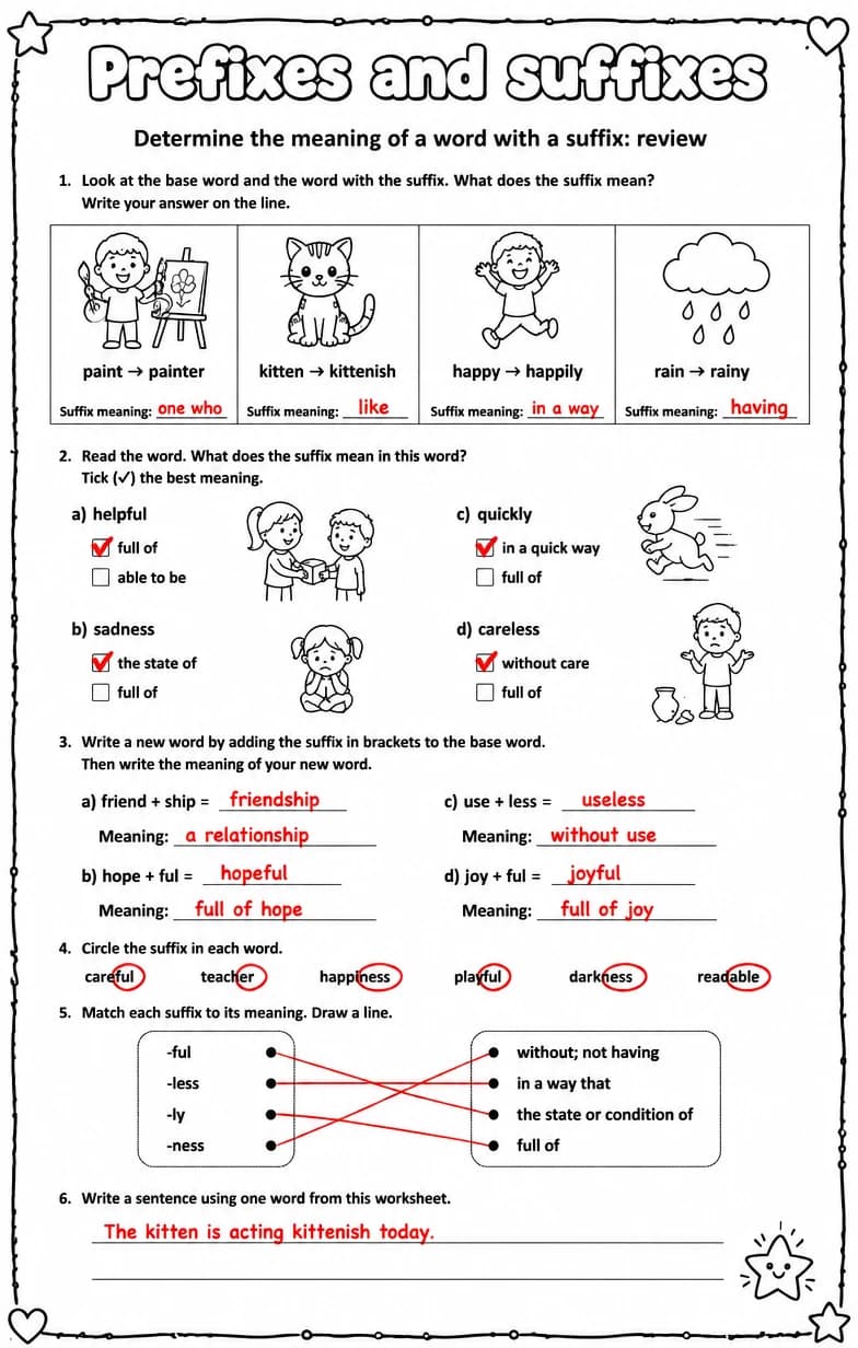Answer key for Determine the meaning of a word with a suffix: review — free printable English & Reading worksheet