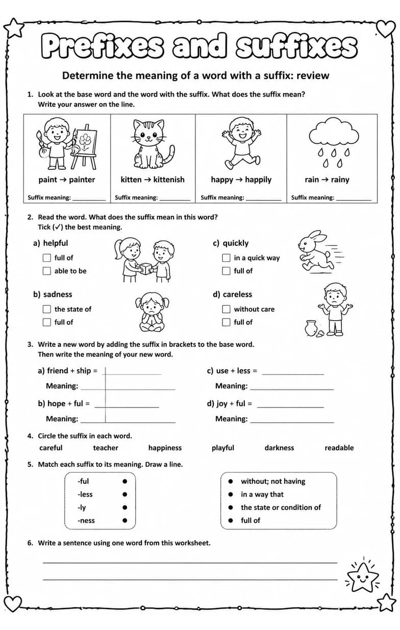 Determine the meaning of a word with a suffix: review — free printable Grade 4 English & Reading worksheet