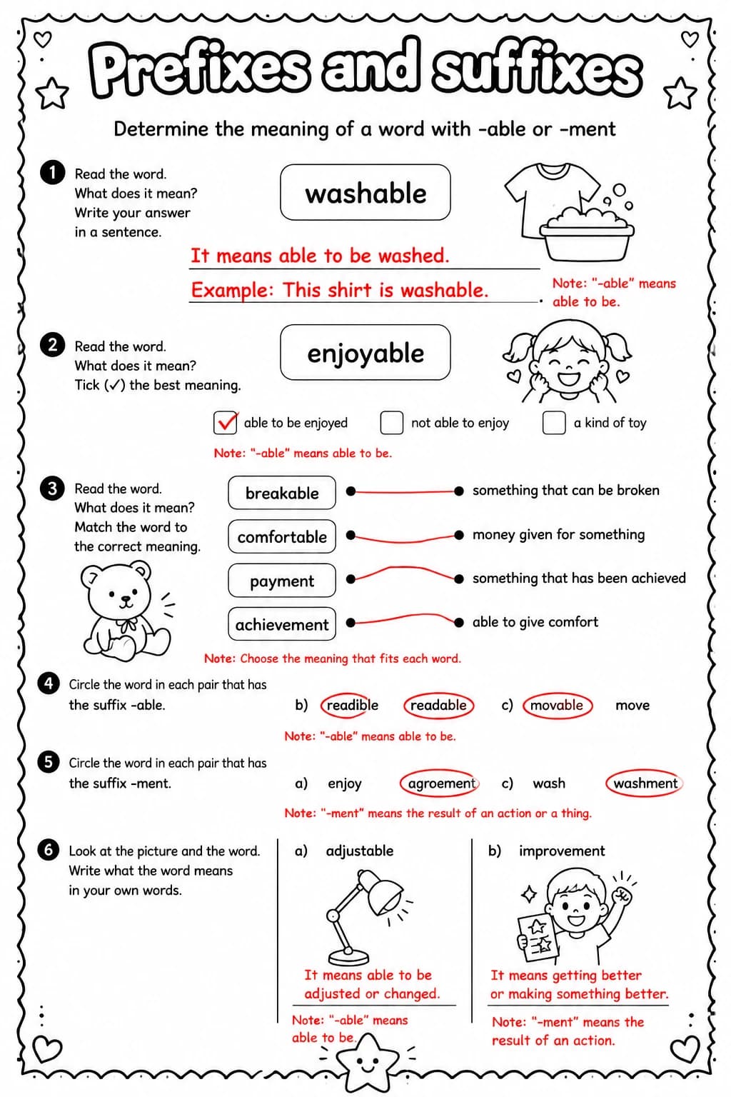 Answer key for Determine the meaning of a word with -able or -ment — free printable English & Reading worksheet