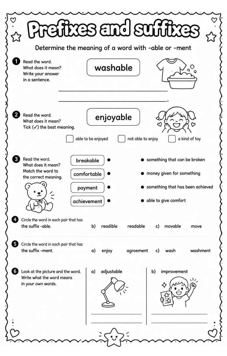 Determine the meaning of a word with -able or -ment — free printable Grade 3 English & Reading worksheet