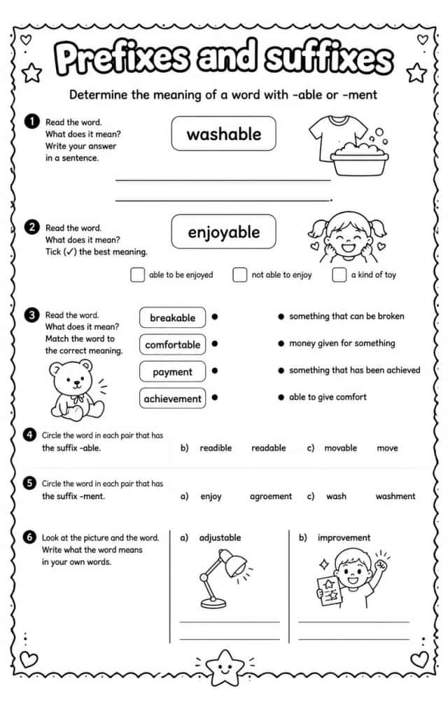 Determine the meaning of a word with -able or -ment