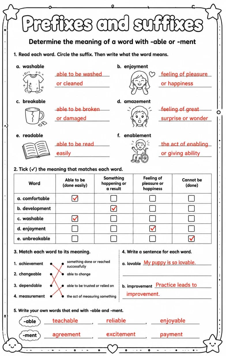 Answer key for Determine the meaning of a word with -able or -ment — free printable English & Reading worksheet
