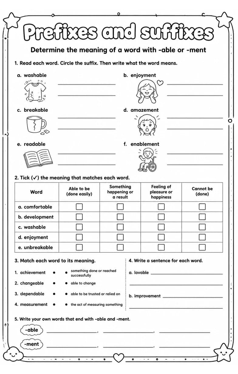 Determine the meaning of a word with -able or -ment — free printable Grade 4 English & Reading worksheet