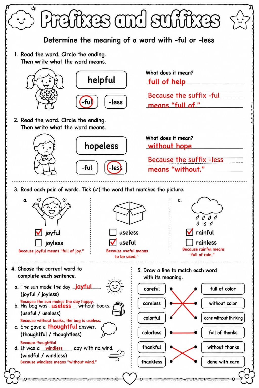 Answer key for Determine the meaning of a word with -ful or -less — free printable English & Reading worksheet