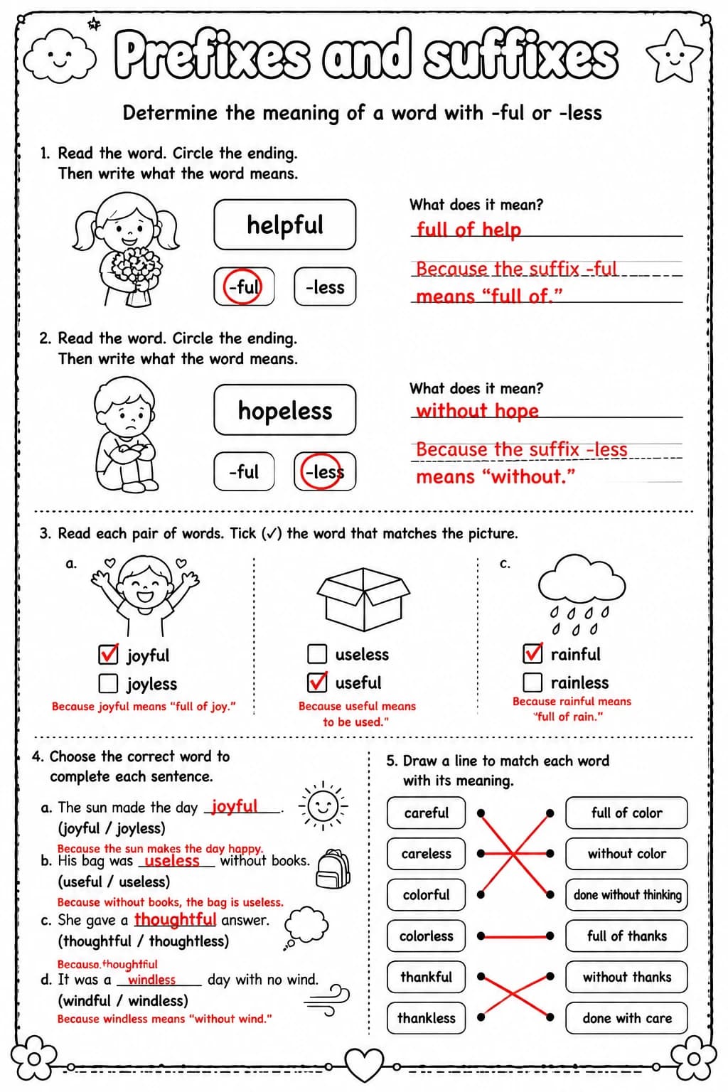 Answer key for Determine the meaning of a word with -ful or -less — free printable English & Reading worksheet