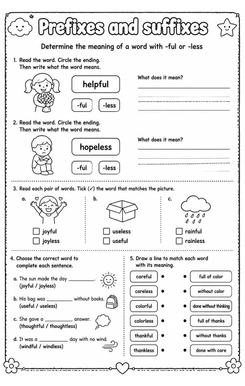 Determine the meaning of a word with -ful or -less — free printable Vocabulary English worksheet
