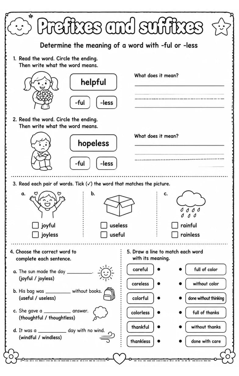 Determine the meaning of a word with -ful or -less — free printable Grade 2 English & Reading worksheet