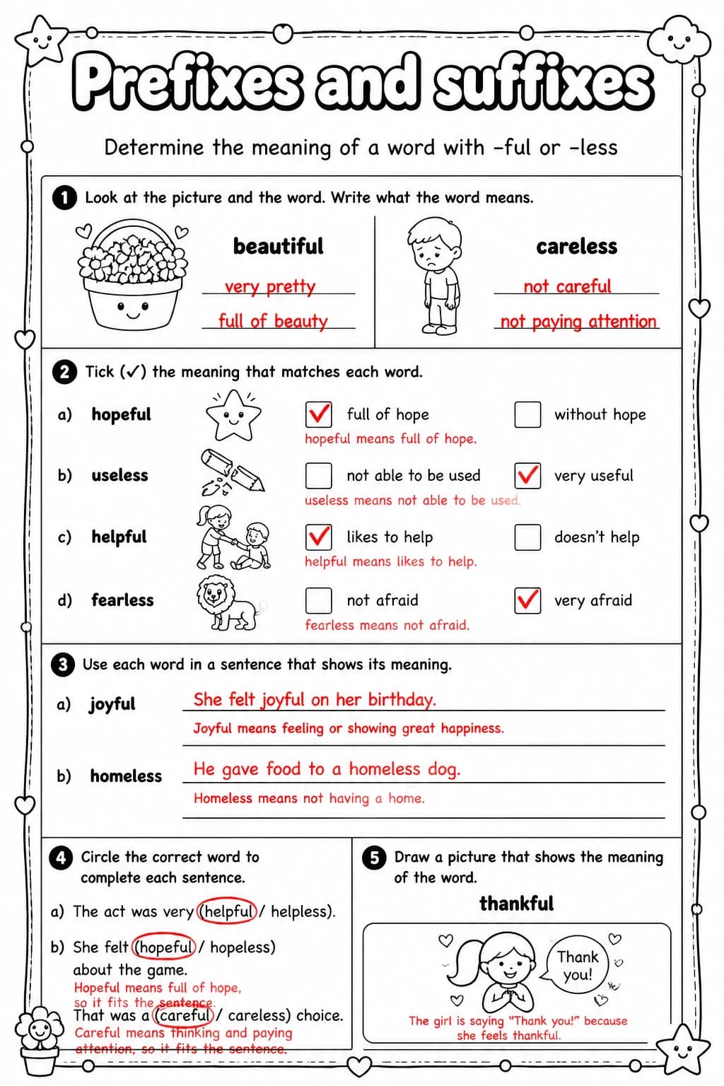 Answer key for Determine the meaning of a word with -ful or -less — free printable English & Reading worksheet