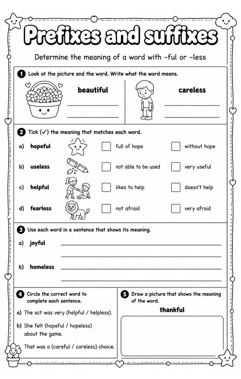 Determine the meaning of a word with -ful or -less — free printable Grade 3 English & Reading worksheet