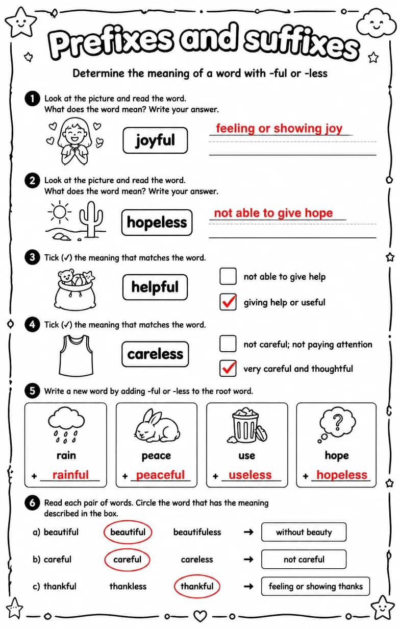 Answer key for Determine the meaning of a word with -ful or -less — free printable English & Reading worksheet