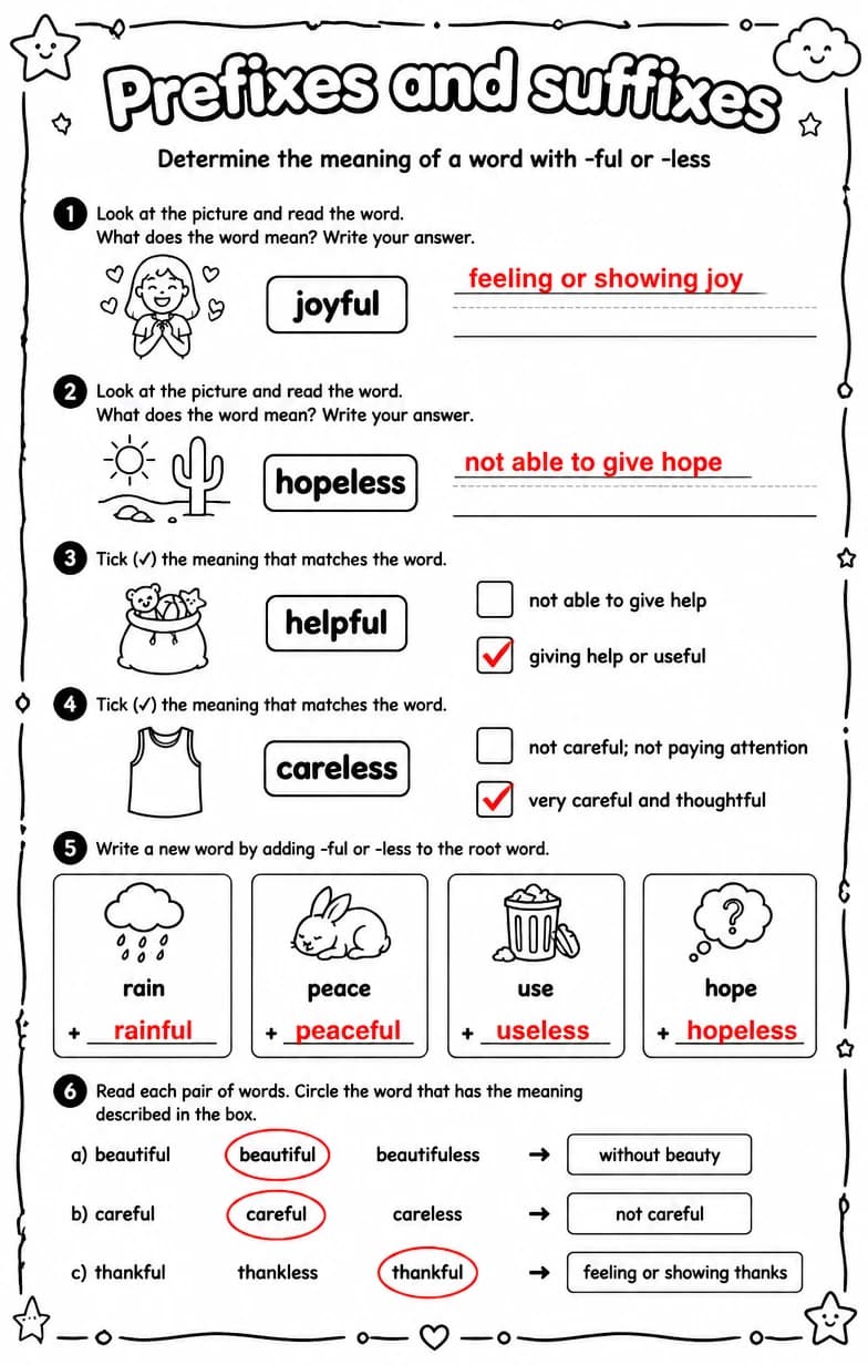 Answer key for Determine the meaning of a word with -ful or -less — free printable English & Reading worksheet