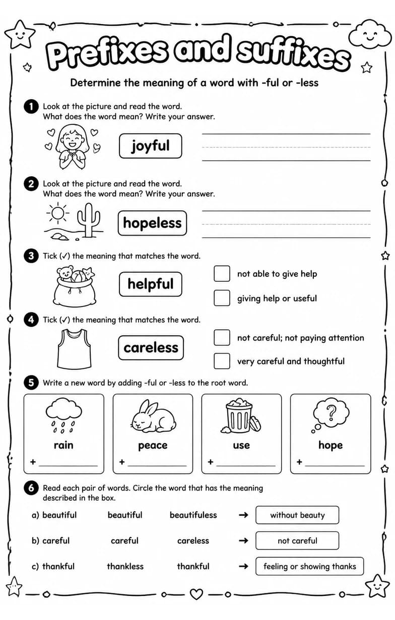 Determine the meaning of a word with -ful or -less — free printable Vocabulary English worksheet