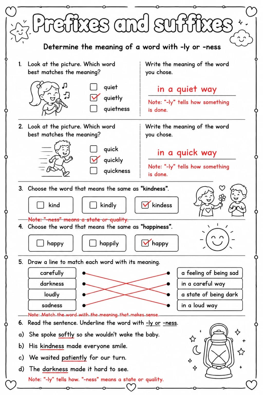 Answer key for Determine the meaning of a word with -ly or -ness — free printable English & Reading worksheet