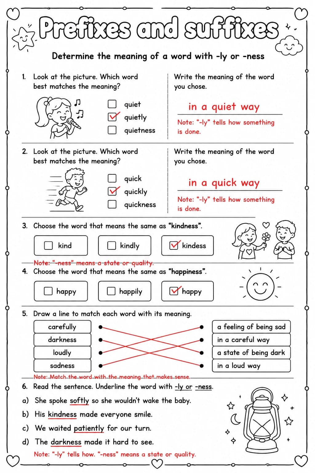 Answer key for Determine the meaning of a word with -ly or -ness — free printable English & Reading worksheet
