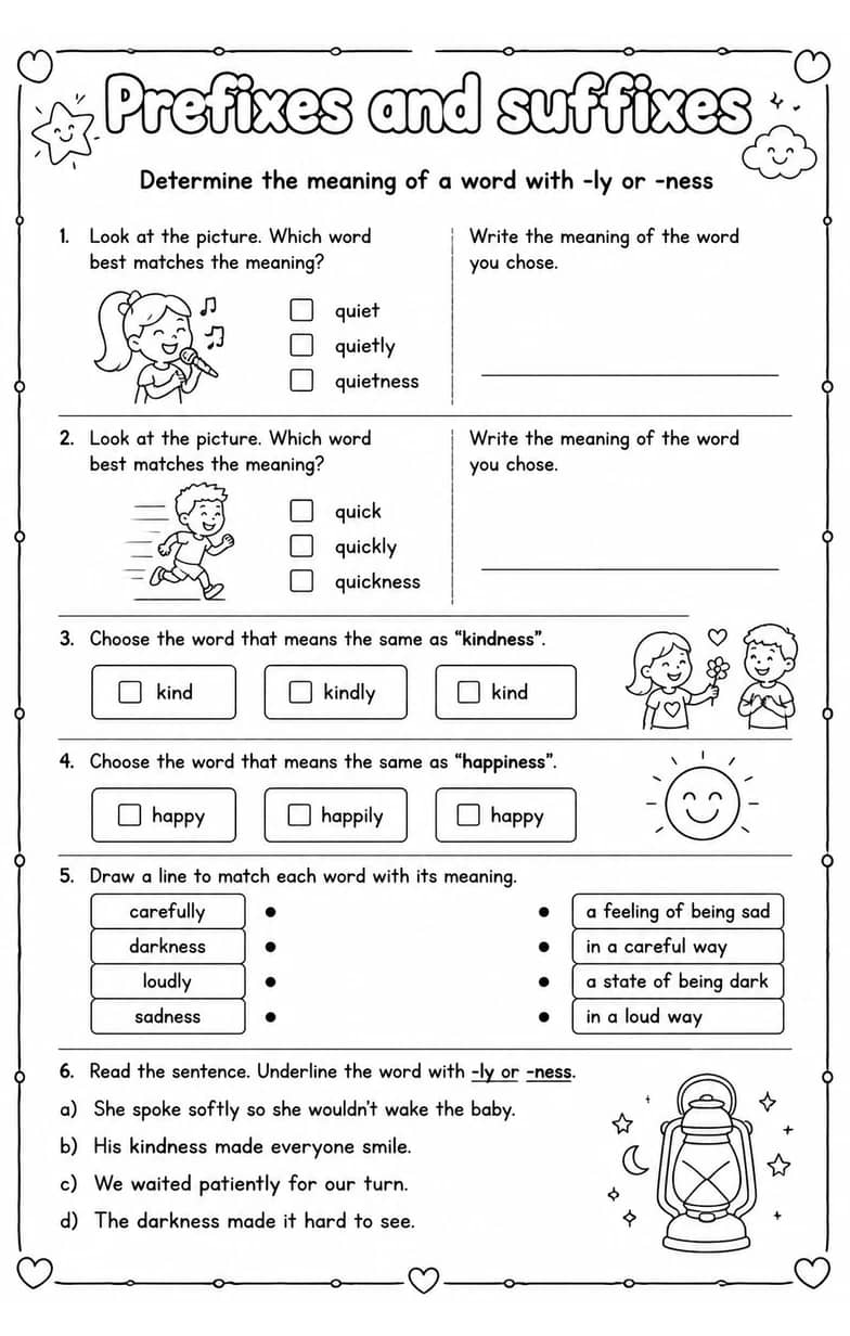 Determine the meaning of a word with -ly or -ness — free printable Vocabulary English worksheet
