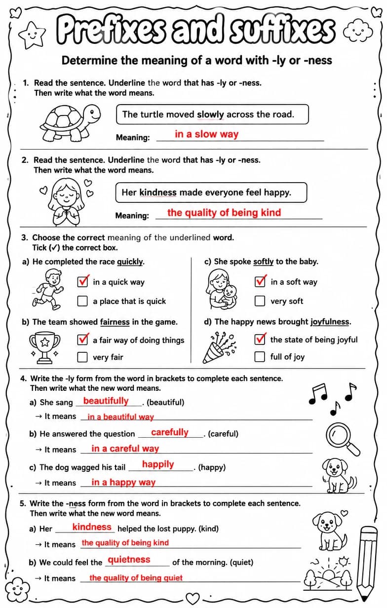 Answer key for Determine the meaning of a word with -ly or -ness — free printable English & Reading worksheet