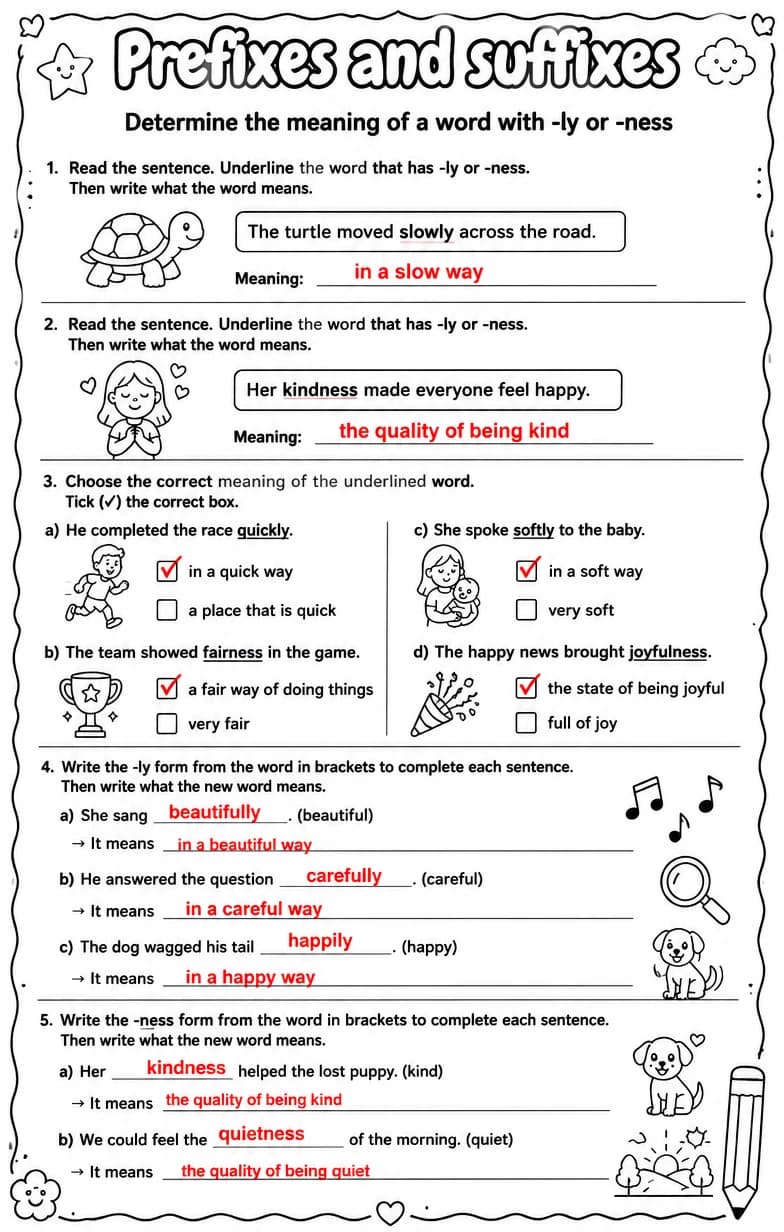 Answer key for Determine the meaning of a word with -ly or -ness — free printable English & Reading worksheet