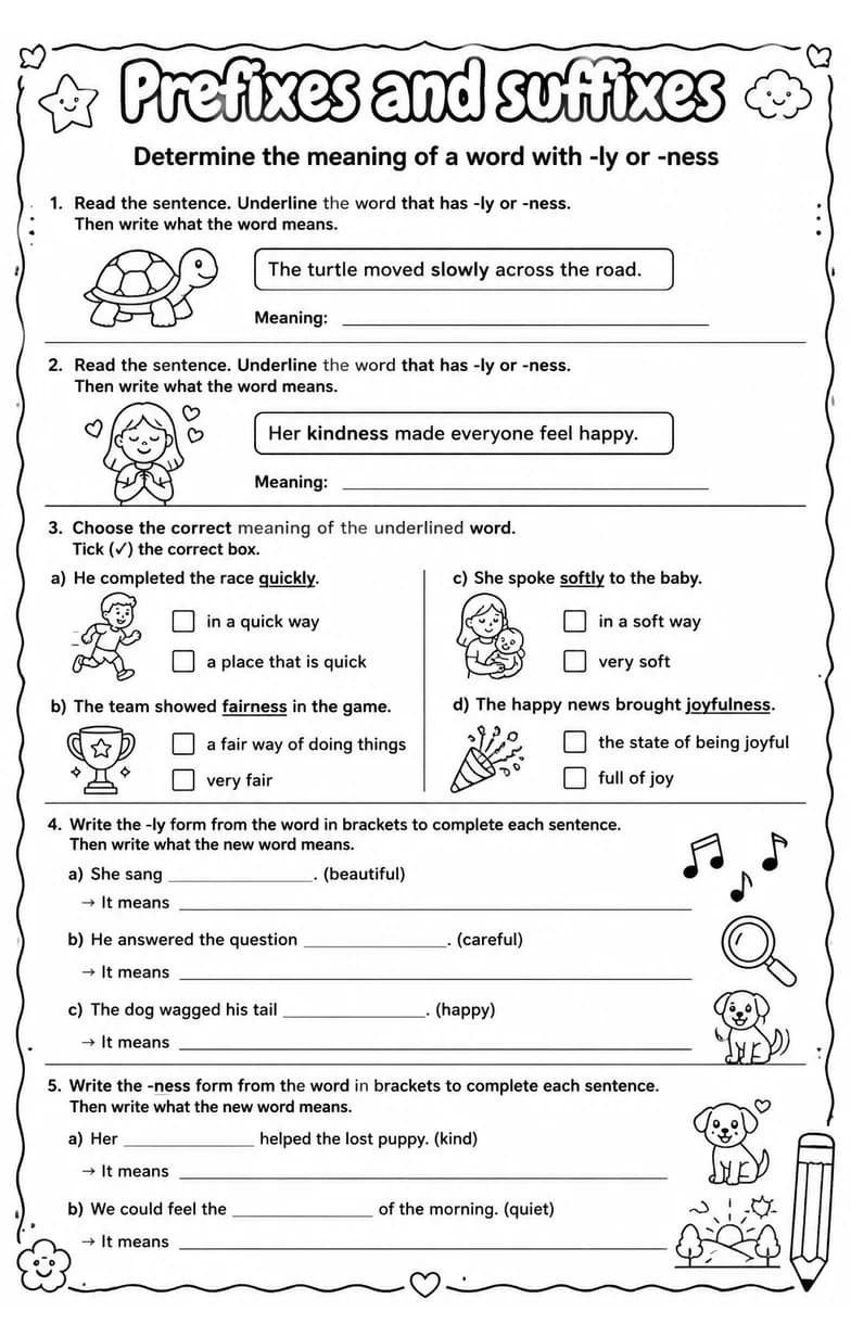Determine the meaning of a word with -ly or -ness — free printable Vocabulary English worksheet