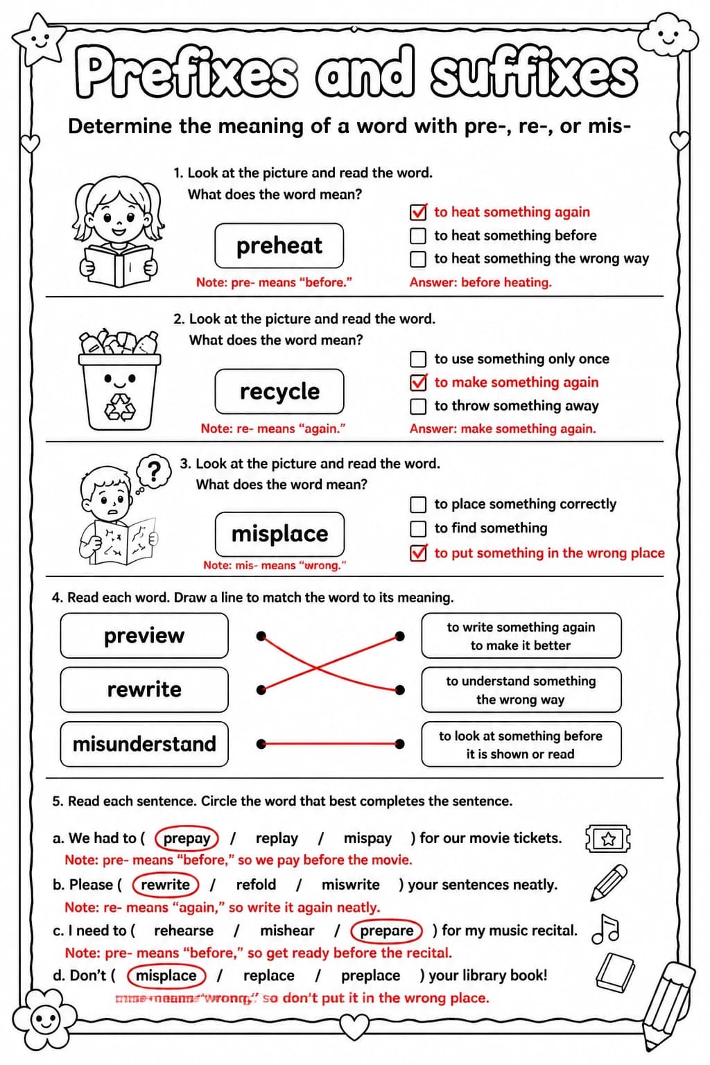 Answer key for Determine the meaning of a word with pre-, re-, or mis- — free printable English & Reading worksheet