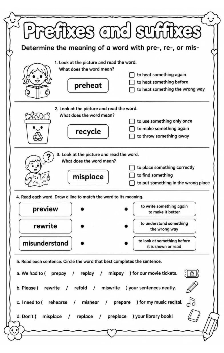 Determine the meaning of a word with pre-, re-, or mis- — free printable Vocabulary English worksheet