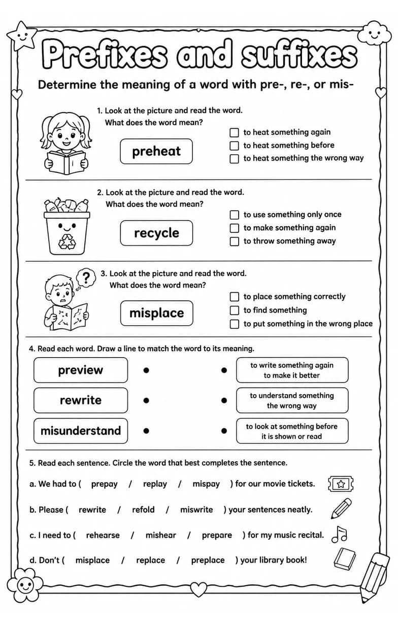 Determine the meaning of a word with pre-, re-, or mis- — free printable Vocabulary English worksheet