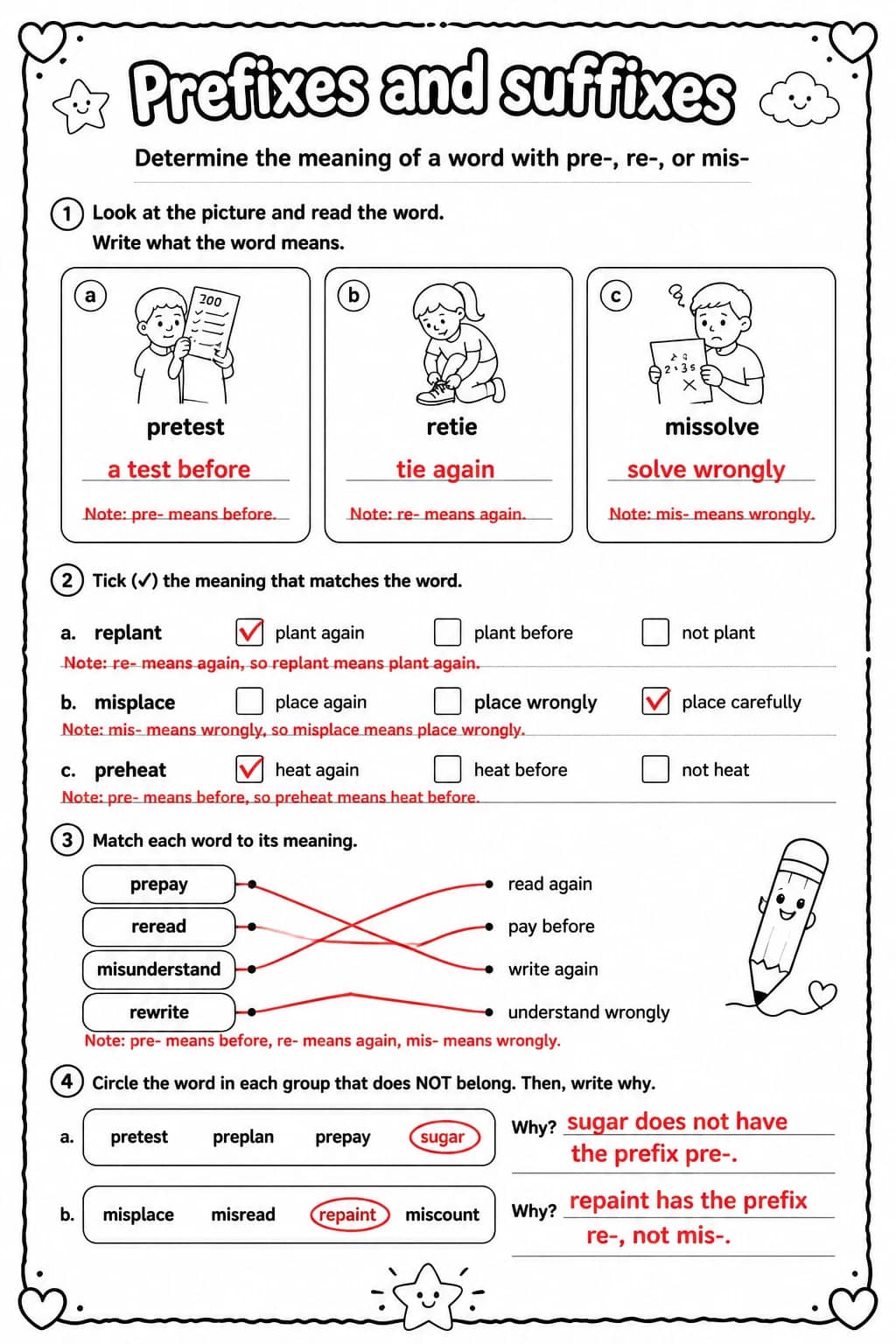 Answer key for Determine the meaning of a word with pre-, re-, or mis- — free printable English & Reading worksheet