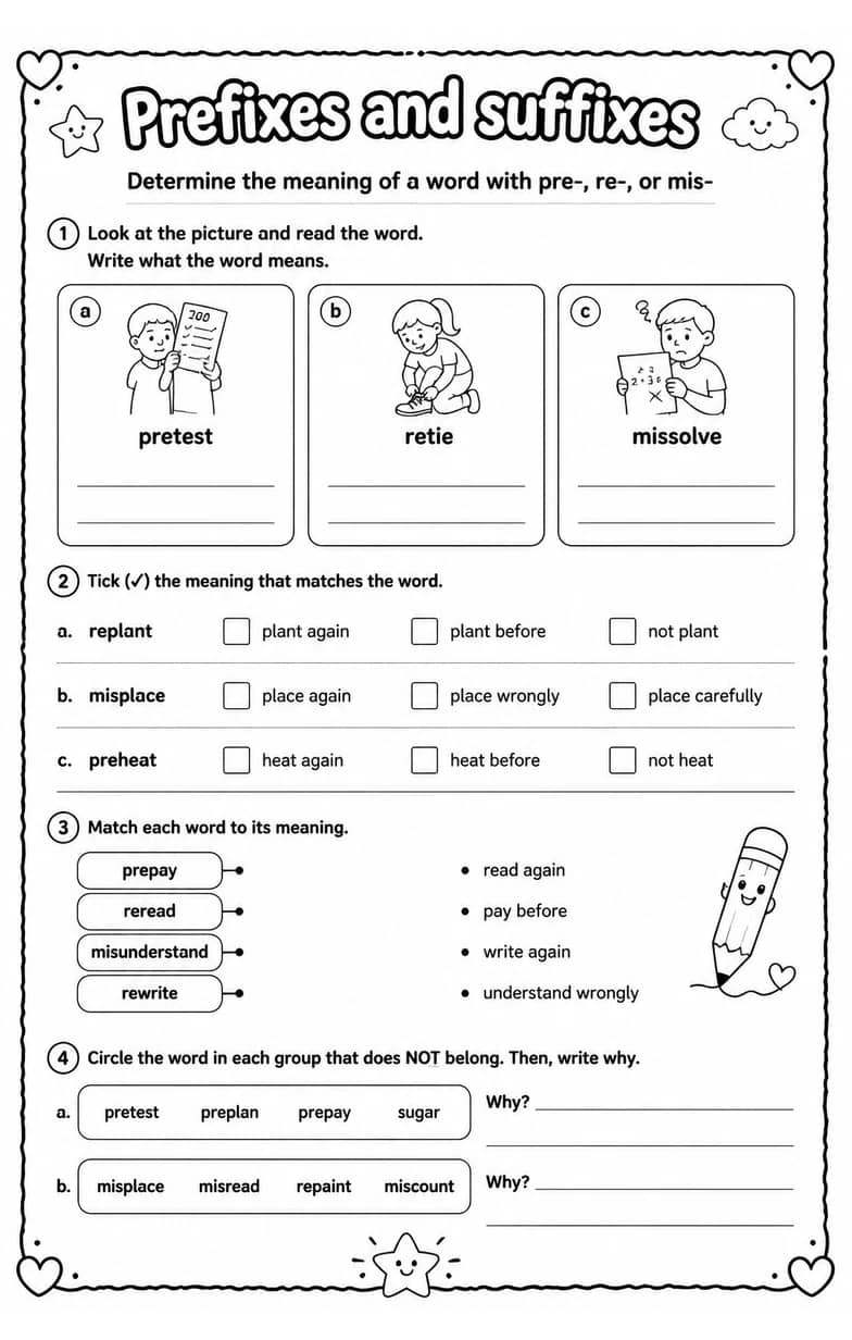 Determine the meaning of a word with pre-, re-, or mis- — free printable Vocabulary English worksheet