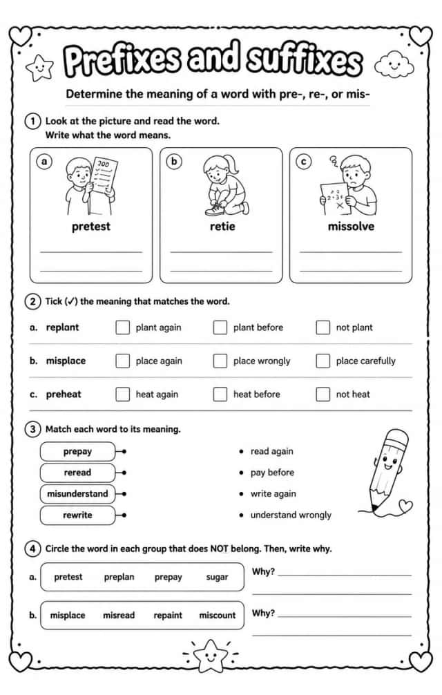 Determine the meaning of a word with pre-, re-, or mis-