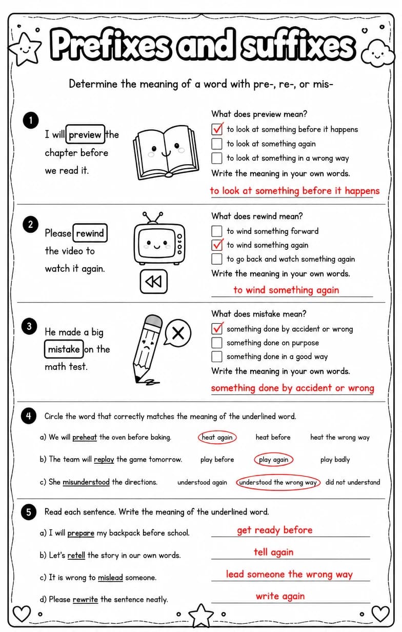 Answer key for Determine the meaning of a word with pre-, re-, or mis- — free printable English & Reading worksheet