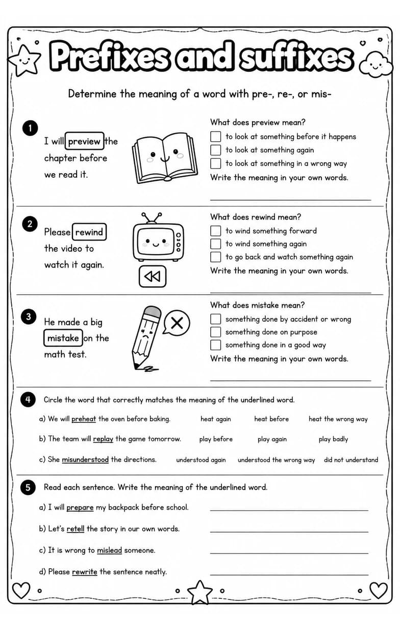 Determine the meaning of a word with pre-, re-, or mis- — free printable Grade 4 English & Reading worksheet