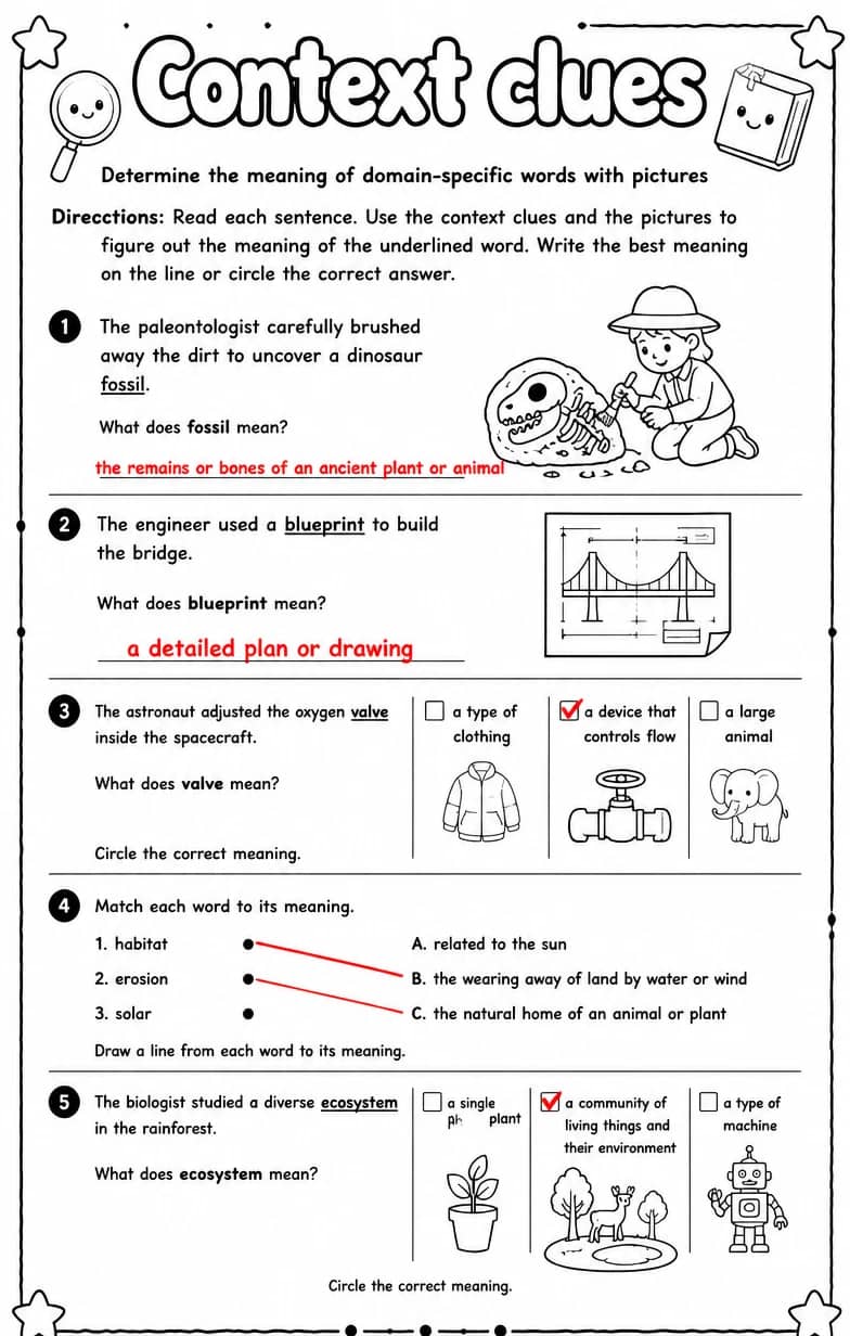 Answer key for Determine the meaning of domain-specific words with pictures — free printable English & Reading worksheet