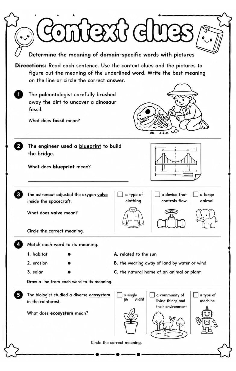 Determine the meaning of domain-specific words with pictures — free printable Vocabulary English worksheet