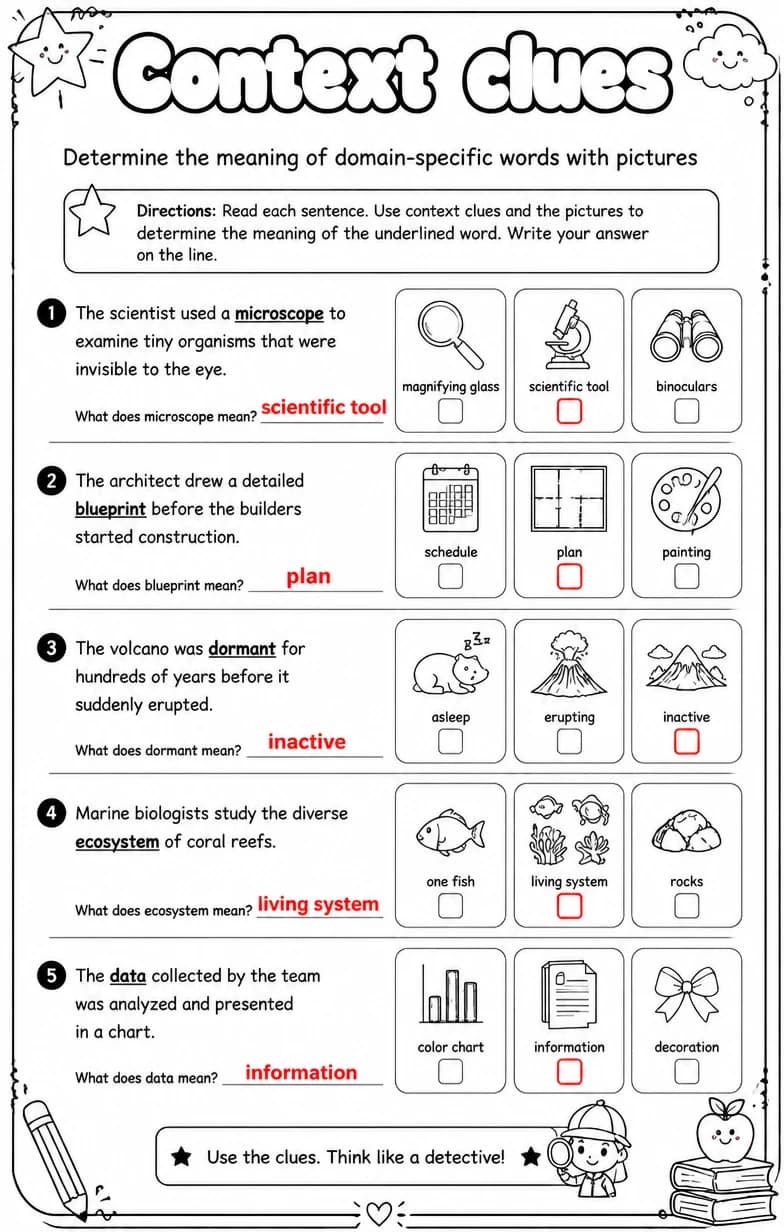 Answer key for Determine the meaning of domain-specific words with pictures — free printable English & Reading worksheet
