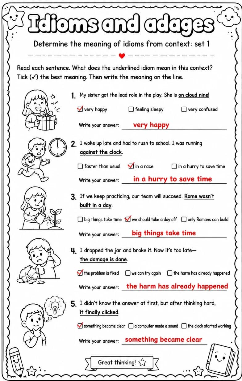 Answer key for Determine the meaning of idioms from context: set 1 — free printable English & Reading worksheet