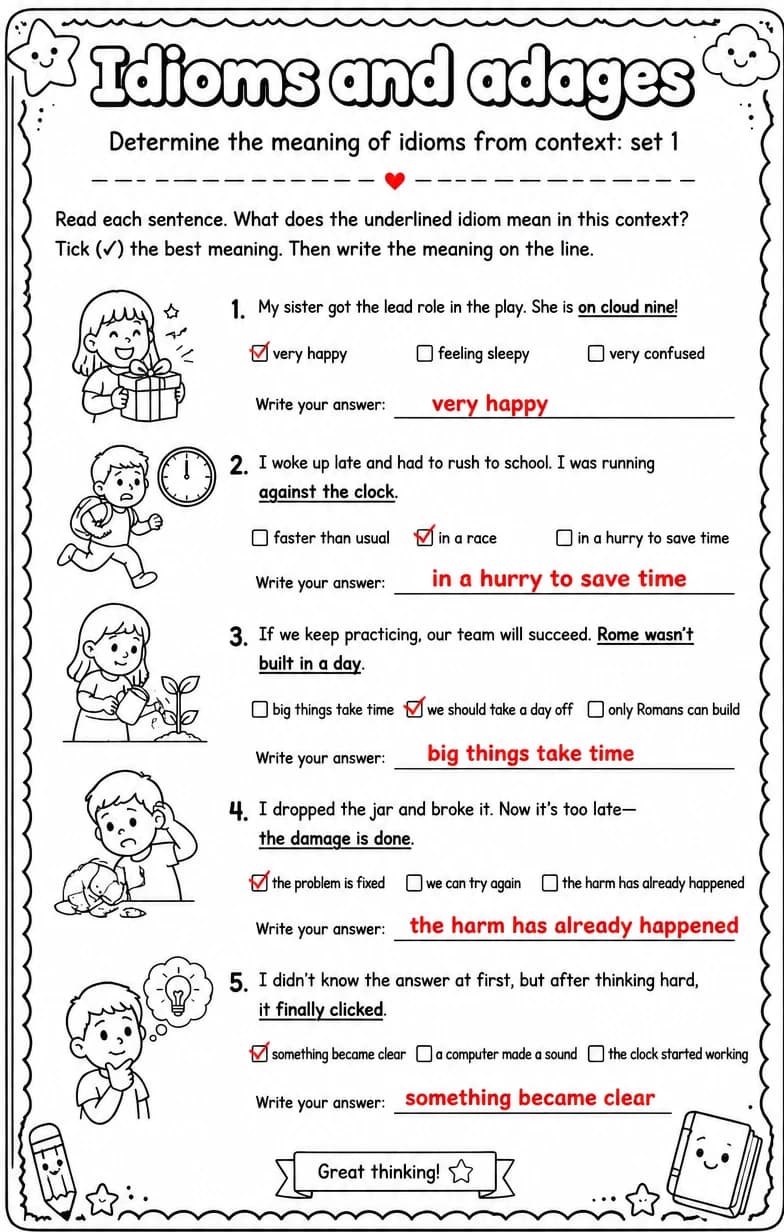 Answer key for Determine the meaning of idioms from context: set 1 — free printable English & Reading worksheet