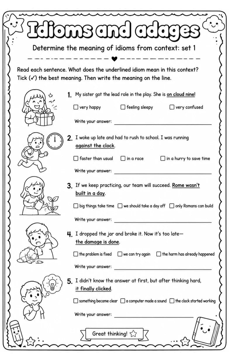 Determine the meaning of idioms from context: set 1 — free printable Grade 4 English & Reading worksheet