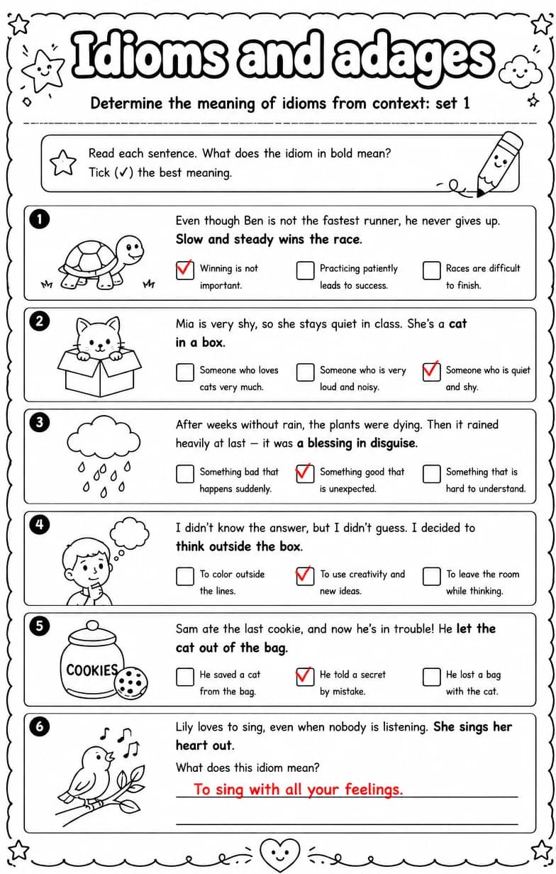 Answer key for Determine the meaning of idioms from context: set 1 — free printable English & Reading worksheet