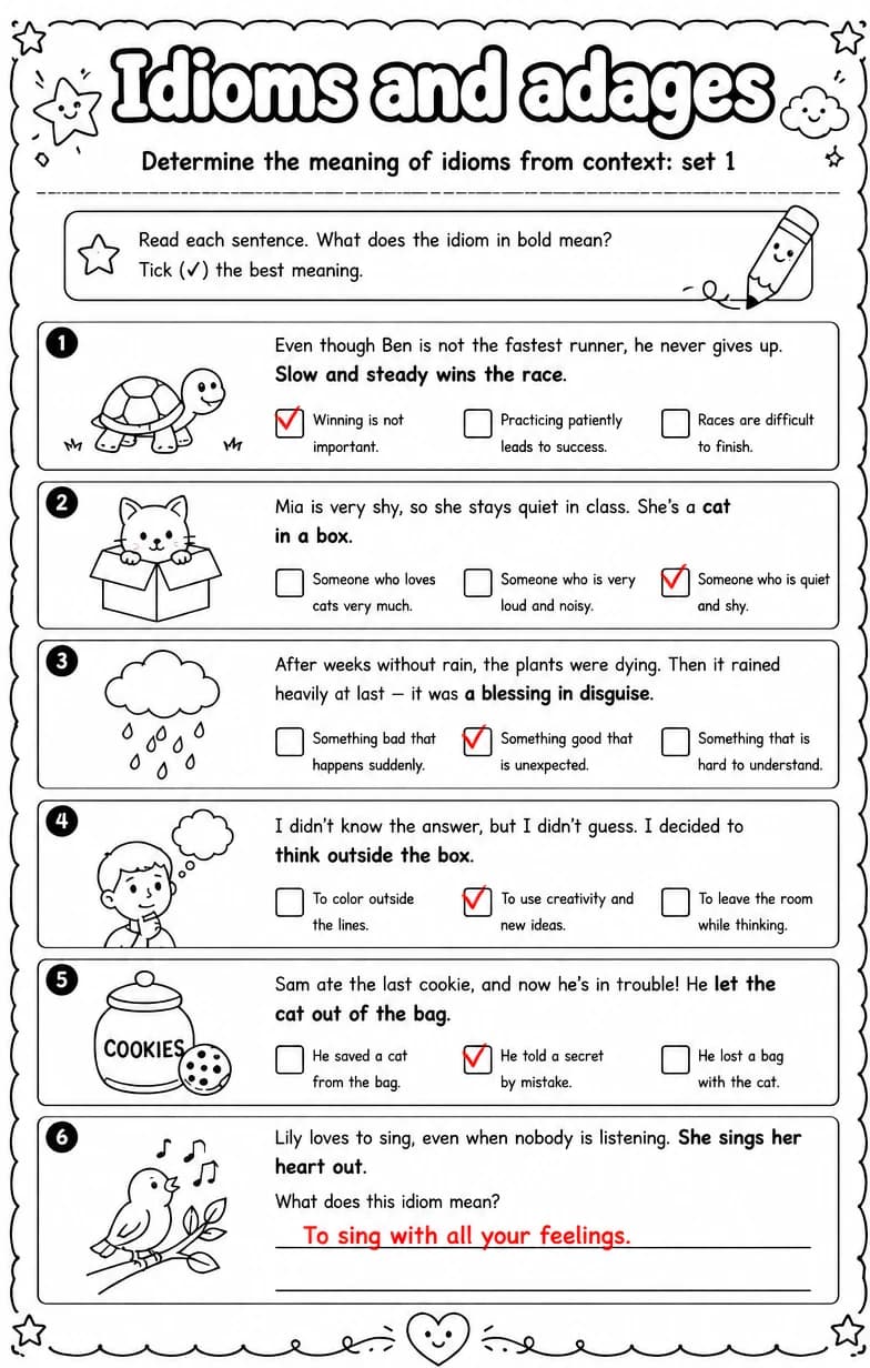 Answer key for Determine the meaning of idioms from context: set 1 — free printable English & Reading worksheet