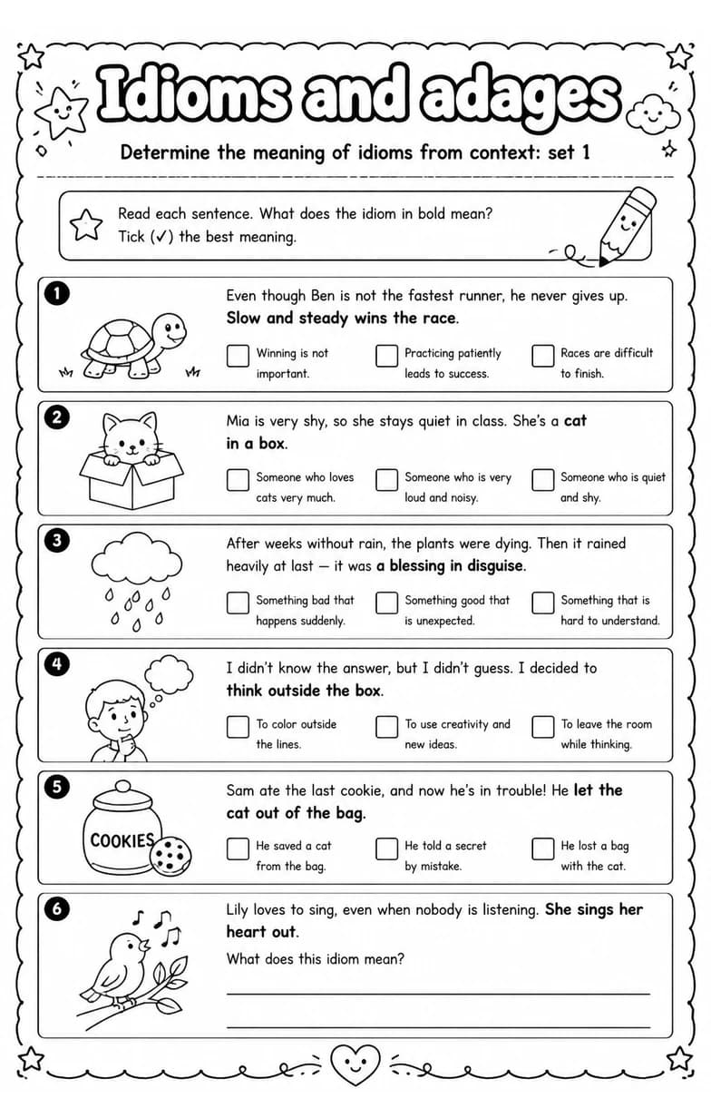 Determine the meaning of idioms from context: set 1 — free printable Vocabulary English worksheet