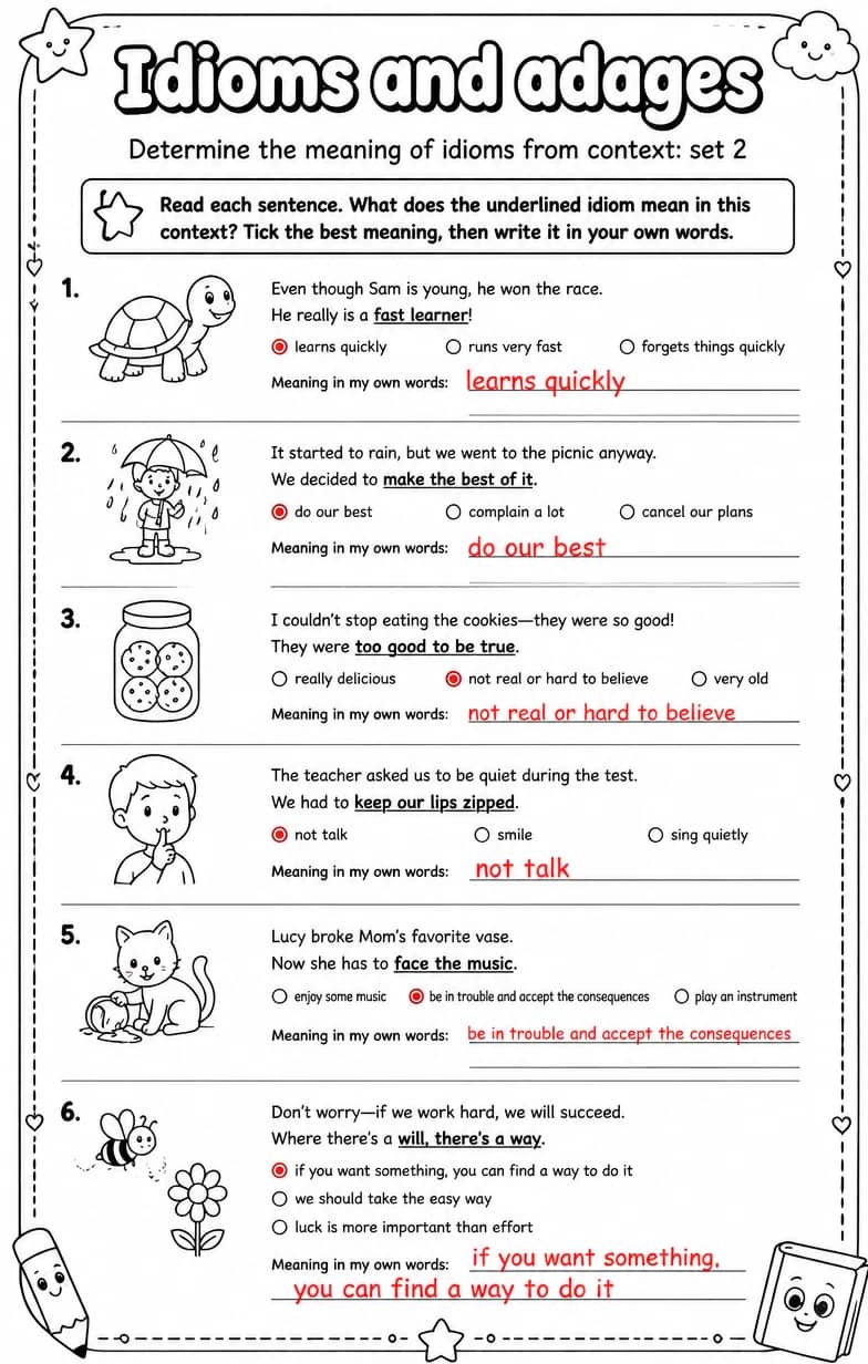 Answer key for Determine the meaning of idioms from context: set 2 — free printable English & Reading worksheet